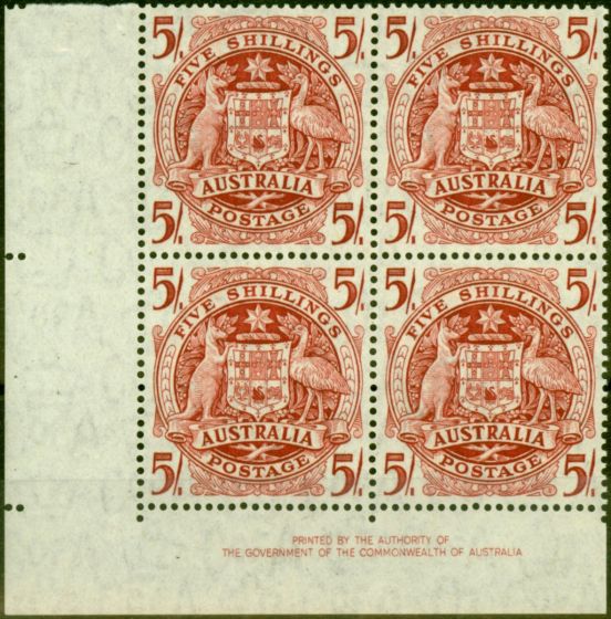 Collectible Postage Stamp from Australia 1951 5s Claret SG224ab Thin Paper Superb MNH Imprint Block of 4