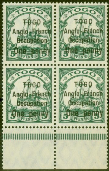 Rare Postage Stamp from Togo 1914 1d on 5pf Green SGH28 V.F MNH Block of 4