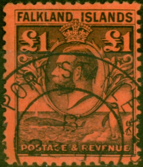 Rare Postage Stamp Falkland Islands 1929 £1 Black-Red SG126 V.F.U