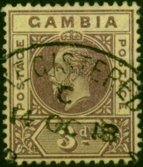 Gambia 1918 3d on Lemon SG91a Fine Used  King George V (1910-1936) Rare Stamps