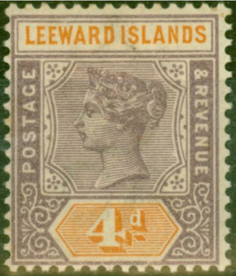 Old Postage Stamp from Leeward Islands 1890 4d Dull Mauve & Orange SG4 Good Mtd Mint