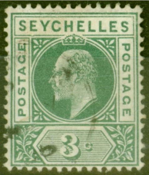 Rare Postage Stamp from Seychelles 1903 3c Dull Green SG47a Dented Frame Fine Used