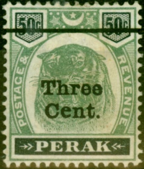 Rare Postage Stamp from Perak 1900 3c on 50c Green & Black SG85a Antique E in Cents Fine Unused