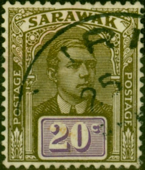 Rare Postage Stamp Sarawak 1928 20c Olive-Bistre & Violet SG86 Fine Used