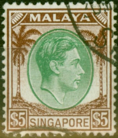 Rare Postage Stamp from Singapore 1948 $5 Green & Brown SG15 V.F.U