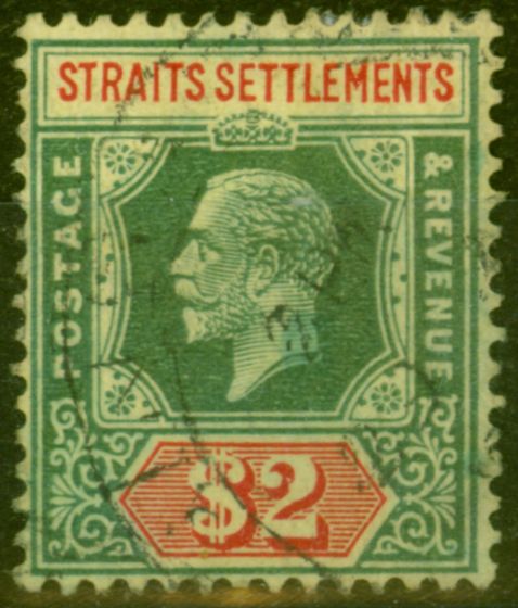 Rare Postage Stamp from Straits Settlements 1923 $2 Green & Red-Pale Yellow SG240 V.F.U