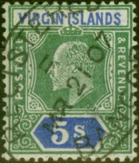 Rare Postage Stamp Virgin Islands 1904 5s Green & Blue SG62 Fine Used 'Cancelled on Receipt in Bangor Wales'