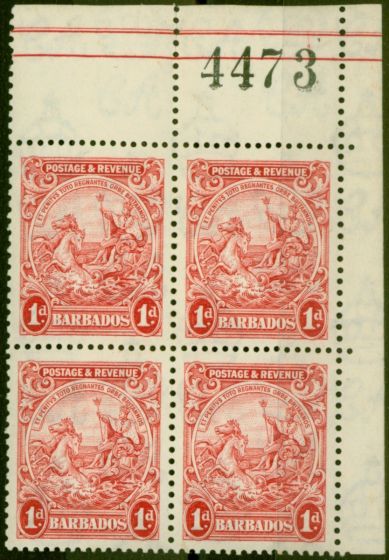 Collectible Postage Stamp Barbados 1932 1d Scarlet SG231c P.13 x 12 V.F MNH Control Block of 4
