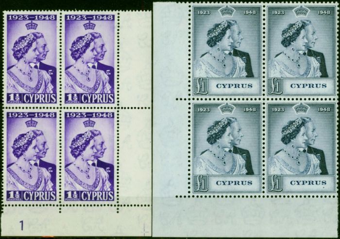 Cyprus 1948 RSW Set of 2 SG164-165 Superb MNH Corner Blocks of 4 King George VI (1936-1952) Old Royal Silver Wedding Stamp Sets