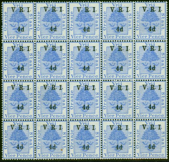 Rare Postage Stamp from O.F.S 1900 4d on 4d Ultramarine SG118 Fine MNH Block of 20
