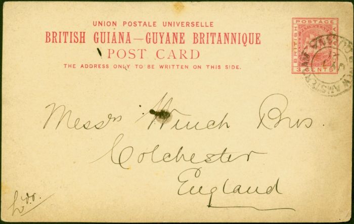 Old Postage Stamp from British Guiana 1891 3c Pre-Paid Postcard to England Fine & Attractive