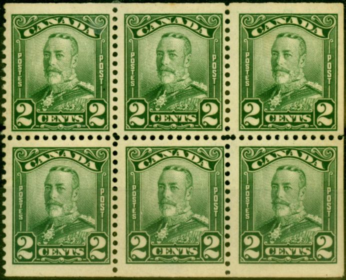 Old Postage Stamp from Canada 1928 2c Green Booklet Pane of 6 Fine Lightly Mtd Mint