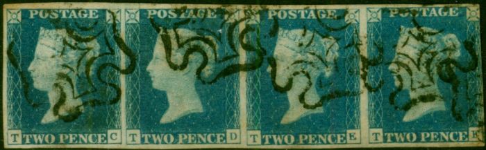 GB 1840 2d Pale Blue SG6 Fine Used Strip of 4 (T-C to T-F) Pl.1 Black MX Scarce . Queen Victoria (1840-1901) Used Stamps
