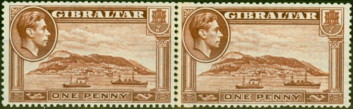 Rare Postage Stamp Gibraltar 1944 1d Deep Brown SG122c Coil Join Pair Fine MNH