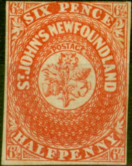 Old Postage Stamp from Newfoundland 1857 6 1/2d Scarlet-Vermillion SG7 Fine & Fresh Mtd Mint Large Part O.G CV £4500