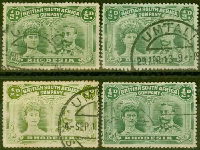 Old Postage Stamp from Rhodesia 1910 1/2d Double Heads 4 Shades SG119-122 Fine Used