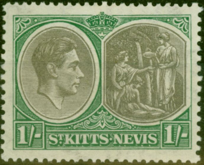 Old Postage Stamp from St Kitts & Nevis 1938 1s Black & Green SG75 Fine Mtd Mint