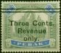 Perak 1900 3c on $5 Green & Blue Revenue Fine Unused . Queen Victoria (1840-1901) Mint Stamps