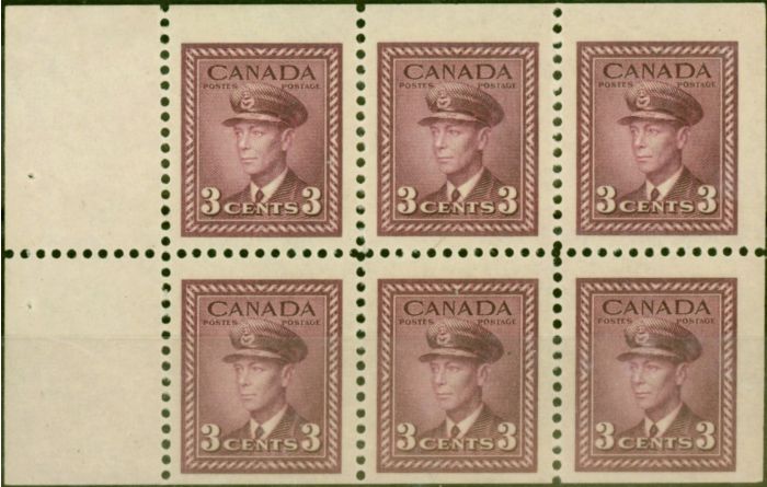 Rare Postage Stamp Canada 1947 3c Purple SG378b Booklet Pane of 6 V.F MNH