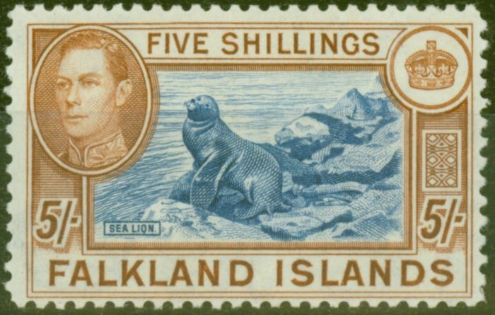 Collectible Postage Stamp from Falkland Islands 1938 5s Blue & Chestnut SG161 Fine Lightly Mtd Mint