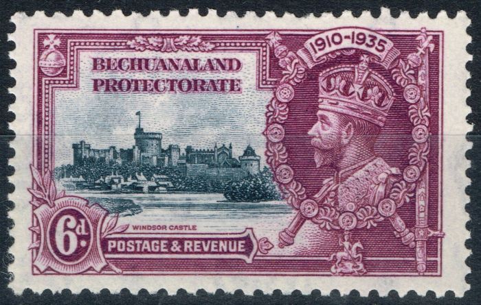 Valuable Postage Stamp from Bechuanaland 1935 6d Slate & Purple SG114b Short Extra Flagstaff V.F MNH