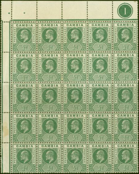 Collectible Postage Stamp from Gambia 1902 1/2d Green SG45 Fine MNH Pl 1 Interpane Block of 25