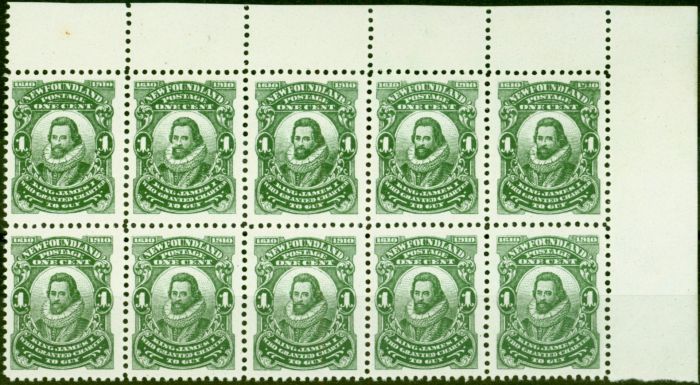 Rare Postage Stamp from Newfoundland 1910 1c Green SG95 Superb MNH Corner Block of 10
