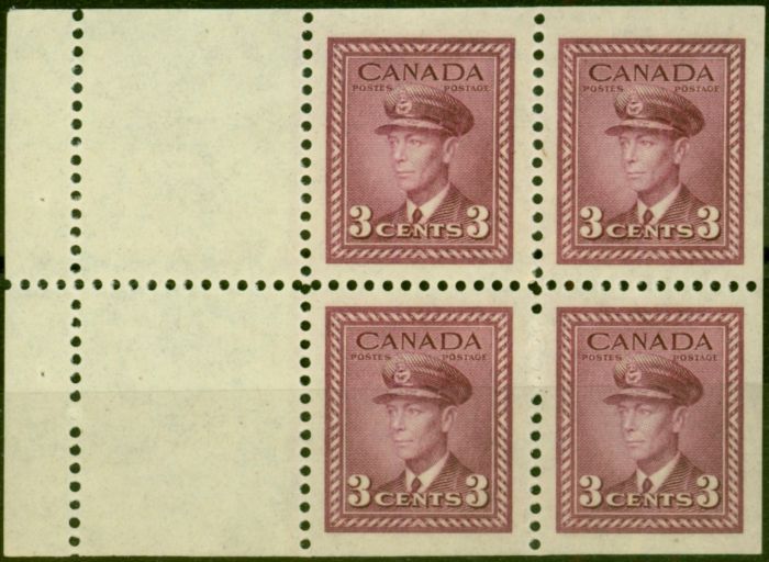 Rare Postage Stamp Canada 1943 3c Purple SG378a Booklet Pane of 4 + 2 Labels V.F MNH