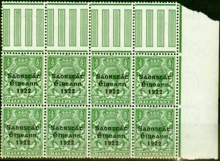 Rare Postage Stamp from Ireland 1922 1/2d Green SG52var C for O in a Very Fine MNH Block of 8