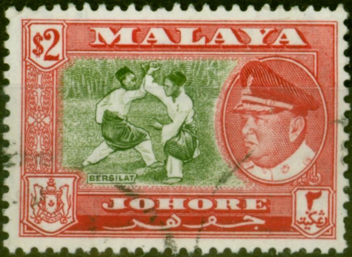 Old Postage Stamp from Johore 1960 $2 Bronze-Green & Scarlet SG164 Fine Used