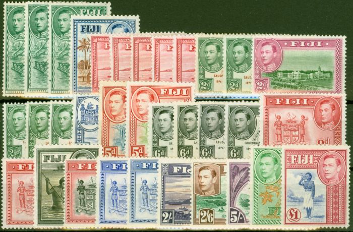 Old Postage Stamp from Fiji 1938-55 Extended set of 33 SG249-266b All Perfs & Shades Fine Lightly Mtd Mint CV £440