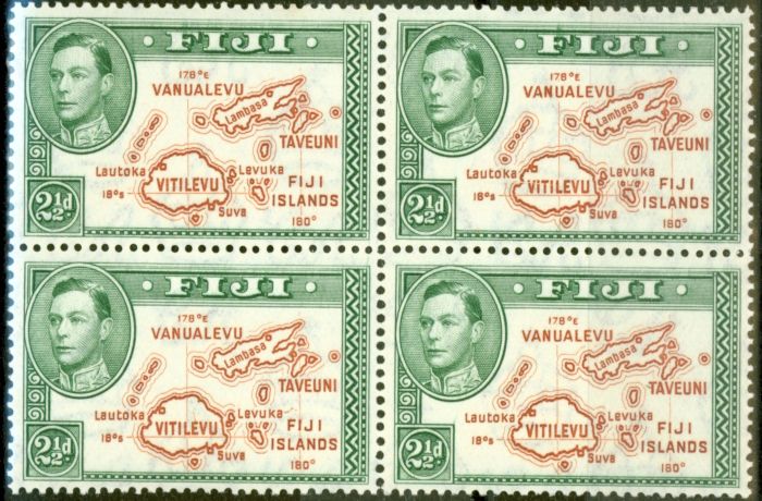 Rare Postage Stamp from Fiji 1942 2 1/2d Brown & Green SG256 Very Fine MNH Block of 4