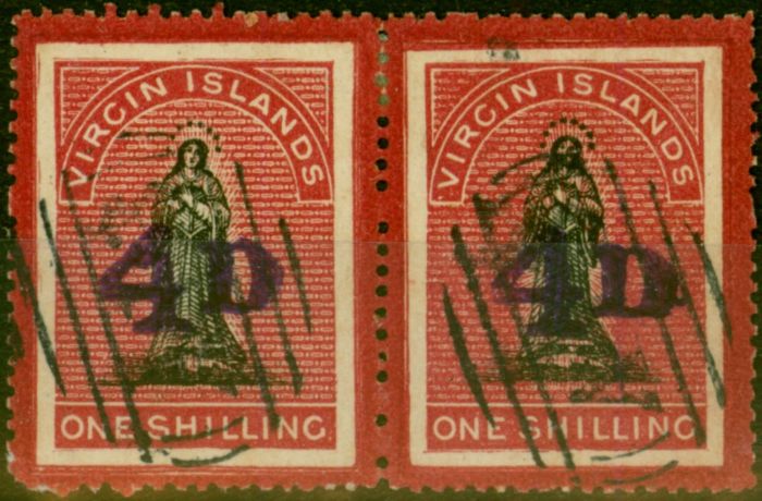Old Postage Stamp Virgin Islands 1888 4d on 1s Black & Rose-Carmine SG42 Fine Used Pair