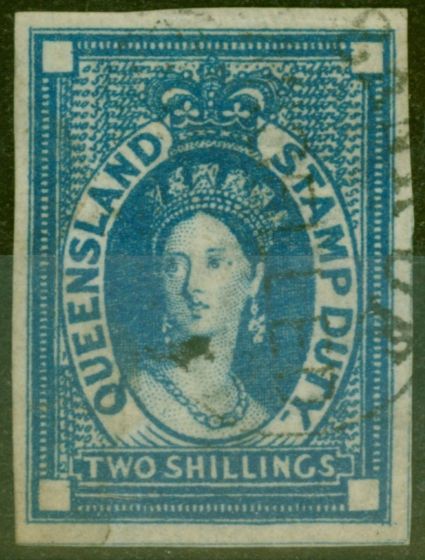 Old Postage Stamp from Queensland 1871 2s Blue SGF19var Imperf Single Fine Used Fiscal Cancel Rare
