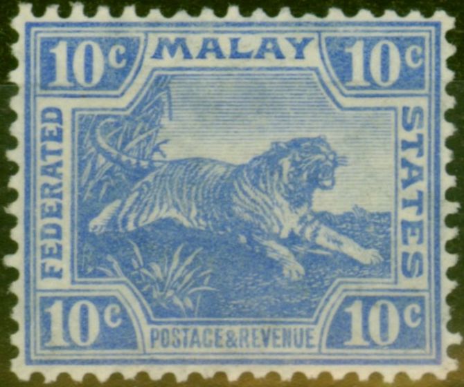 Collectible Postage Stamp from Fed Malay States 1919 10c Bright Blue SG44a Fine LMM