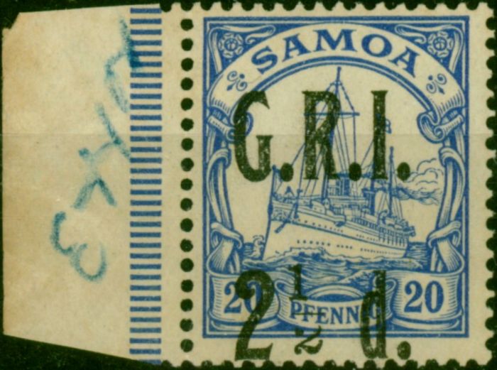 Samoa 1914 2 1/2d on 20pf Ultramarine SG104b '1 to Left of 2' Fine LMM . King George V (1910-1936) Mint Stamps