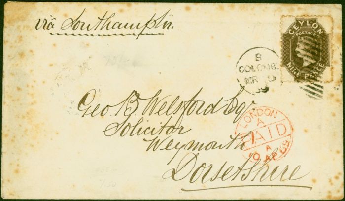 Ceylon 1869 Cover to Weymouth Bearing 9d SG69 Attractive  Queen Victoria (1840-1901) Collectible Stamps