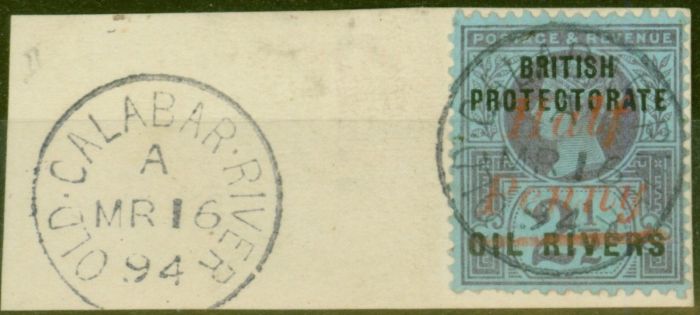 Collectible Postage Stamp from Oil Rivers 1893 1/2d on 2 1/2d SG25 Superb Used on Piece OLD CALABAR RIVER CDS