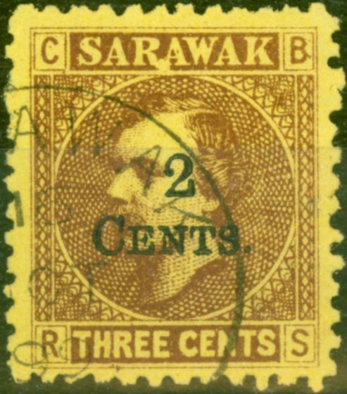 Rare Postage Stamp from Sarawak 1899 2c on 3c Brown-Yellow SG32Var Paper Makers Wmk V.F.U