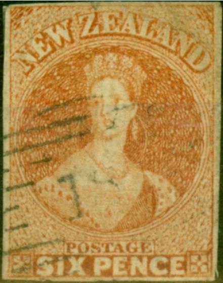 Rare Postage Stamp from New Zealand 1857 6d Chestnut SG15 Fine Used (2)