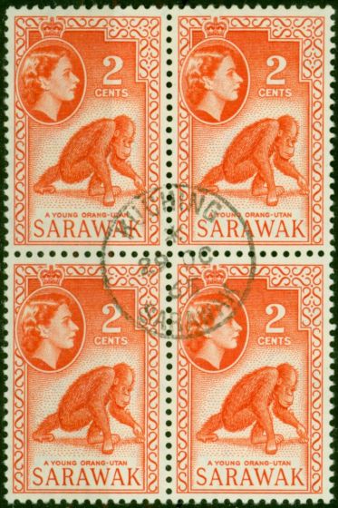 Sarawak 1965 2c Red-Orange SG205 V.F.U Block of 4 . Queen Elizabeth II (1952-2022) Used Stamps