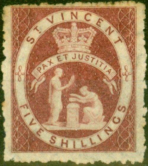 Valuable Postage Stamp from St Vincent 1880 5s Rose-Red SG32 Fine Mtd Mint Royal Certificate
