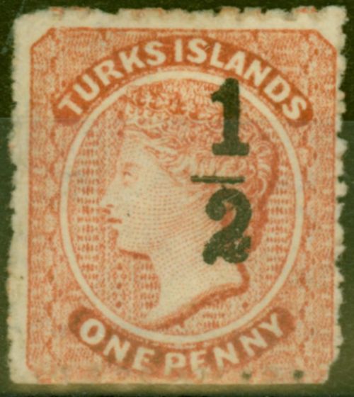 Rare Postage Stamp from Turks & Caicos Is 1881 1/2 on 1d Dull Red SG16 Setting 9 Type 8 Fine Mtd Mint