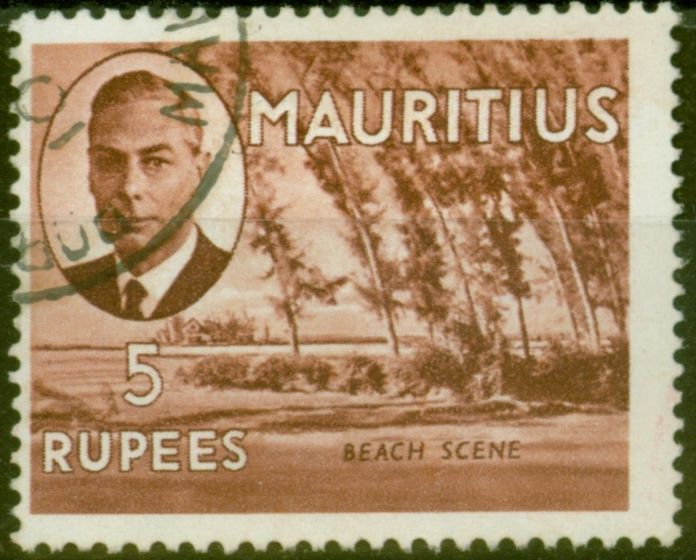 Valuable Postage Stamp from Mauritius 1950 5R Red-Brown SG289 Fine Used