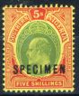 Old Postage Stamp from Southern Nigeria 1909 5s Green & Red-Yellow Specimen SG42s V.F MNH