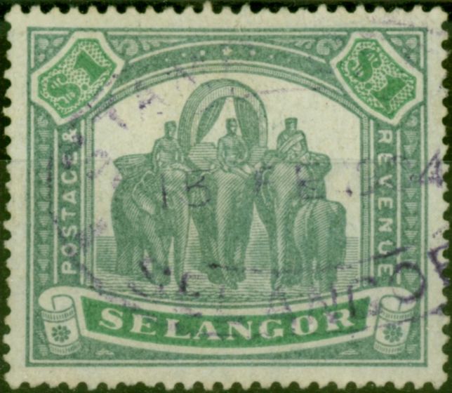 Old Postage Stamp Selangor 1895 $1 Green & Yellow-Green SG61 Good Used Fiscal Cancel
