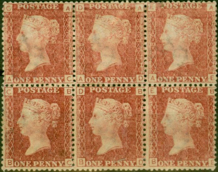 Collectible Postage Stamp GB 1864 1d Rose-Red SG43-44 Pl 181 Fine MNH Block of 6 (A-C, B-E)