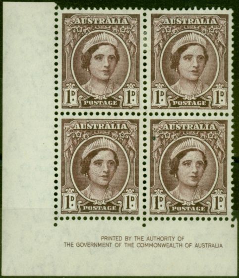 Old Postage Stamp Australia 1943 1d Brown-Purple SG203 V.F MM & MNH Corner Imprint Block of 4