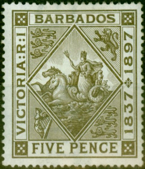 Rare Postage Stamp from Barbados 1897 5d Olive-Brown SG120 Fine Mtd Mint