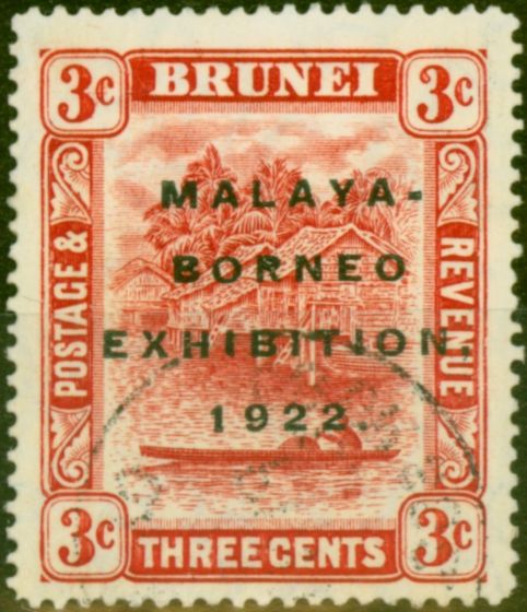 Old Postage Stamp from Brunei 1922 3c Scarlet SG53a 'Short 1' V.F.U